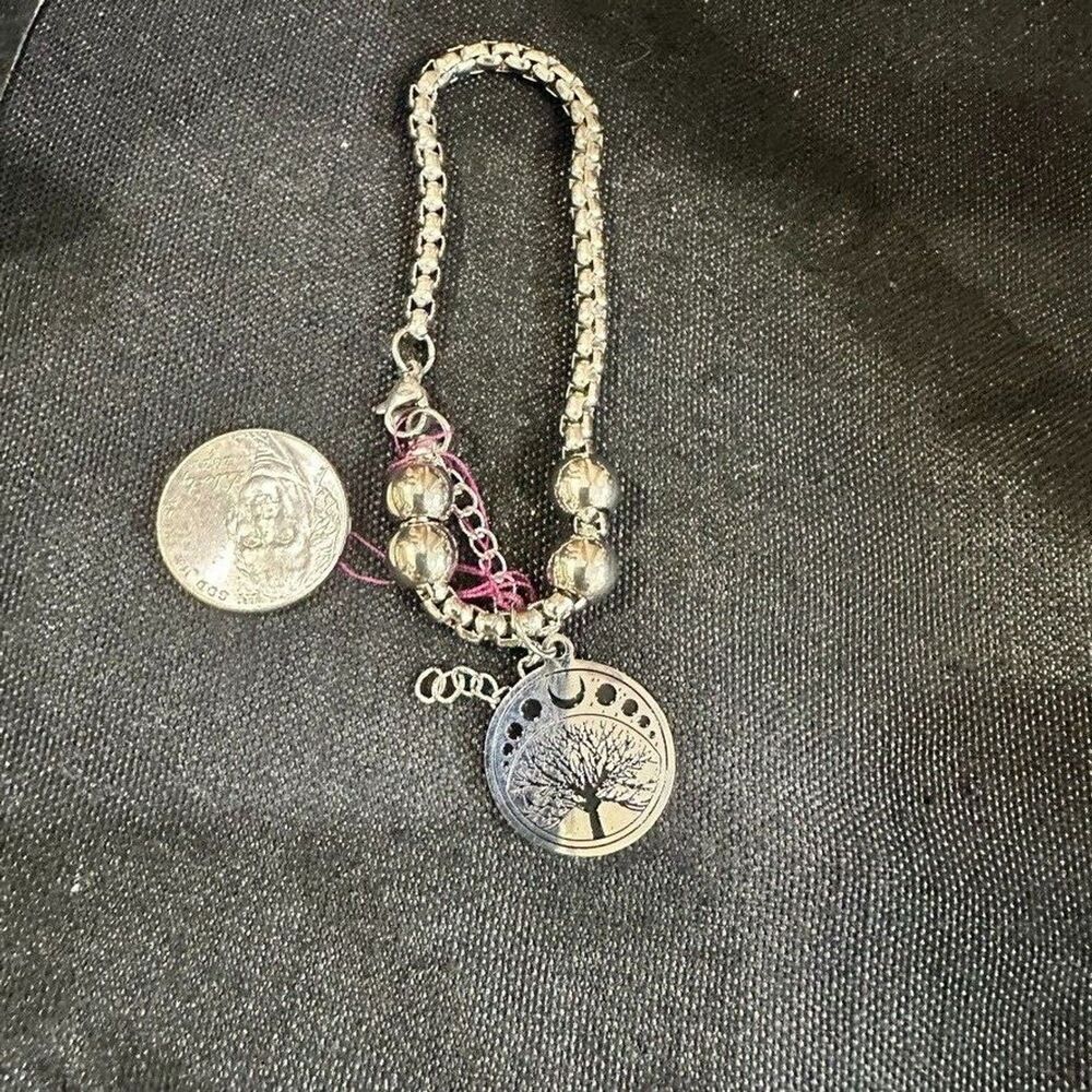 Moon Phases Stainless Steel Tree of Life Womens Bead Link Bracelet